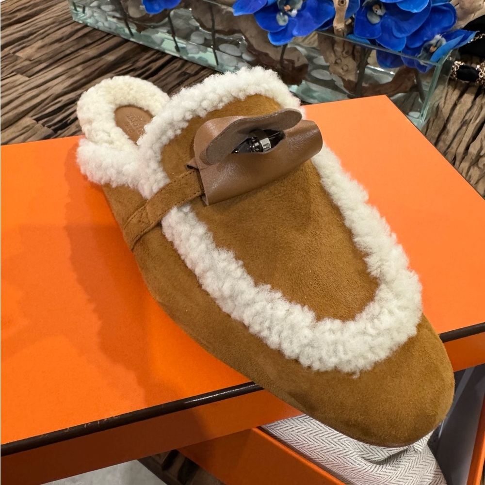 Hermes Brown and White Mules with Plush Lining